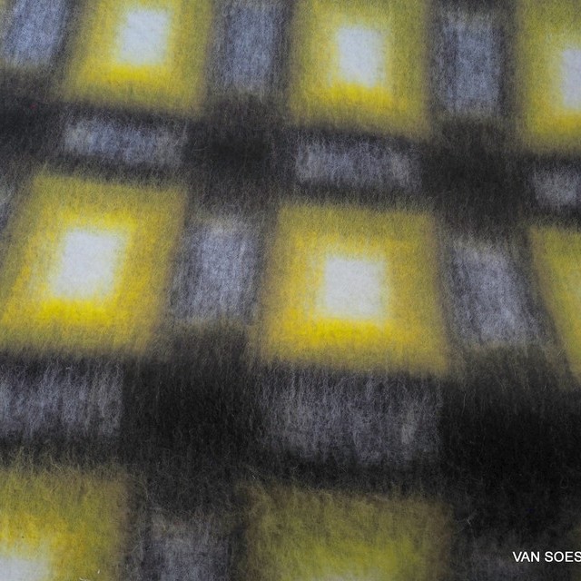 exceptional couture bouclé check fabric with virgin wool & alpaca content napped on one side | View: beautiful designer check with high mohair content in the colors white, black, yellow - roughened on one side