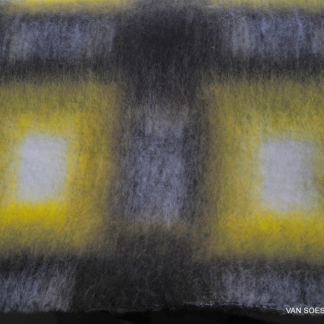 exceptional couture bouclé check fabric with virgin wool & alpaca content napped on one side | View: beautiful designer check with high mohair content in the colors white, black, yellow - roughened on one side