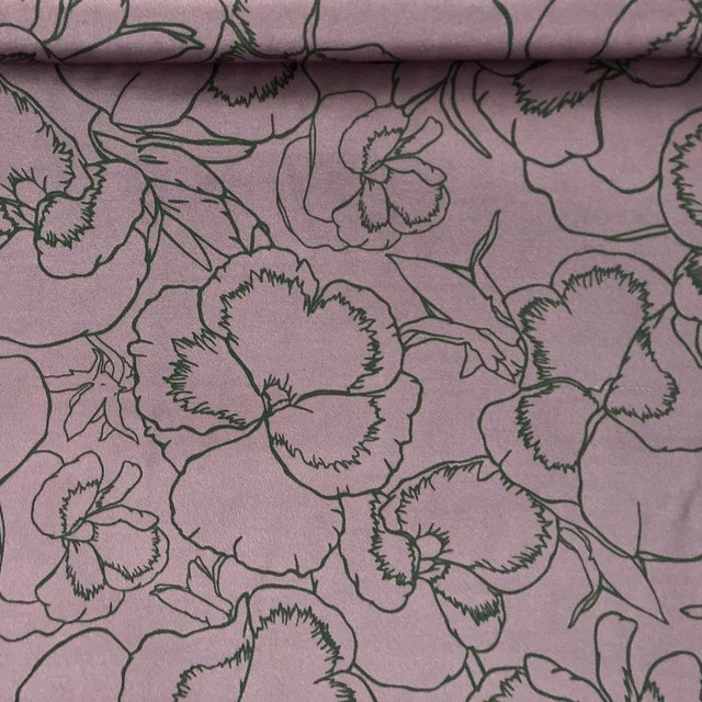 Delicate floral print in green lilac on lightweight rayon mix satin