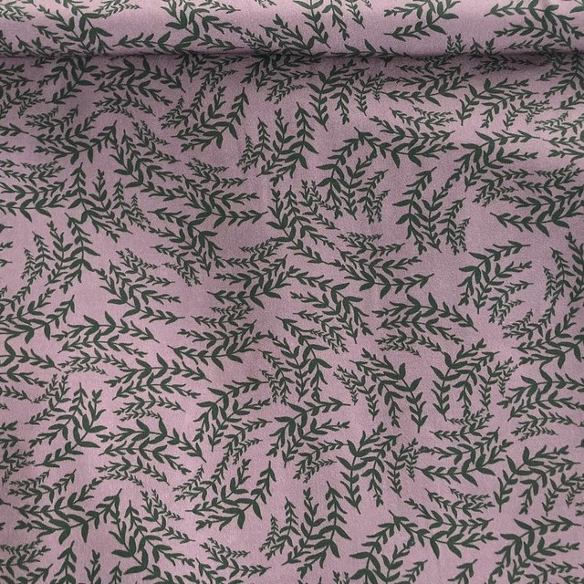 delicate twigs&leaves print in green on lilac - 100% viscose crepe | View: delicate twigs&leaves print in green on lilac - 100% viscose crepe