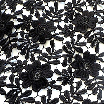 1600 - Guipure Blumen und Blätter Spitze in tief Schwarz